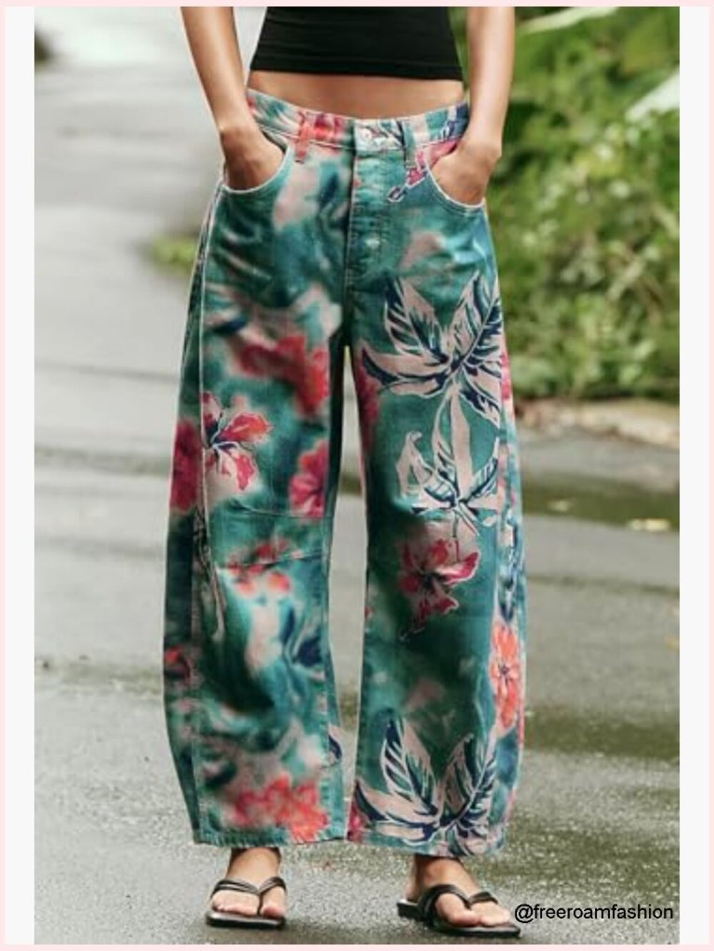 Women Boyfriend Baggy Barrel Jeans Floral Print Denim Ankle Pants Wide Leg Mid - Picture 2 of 7